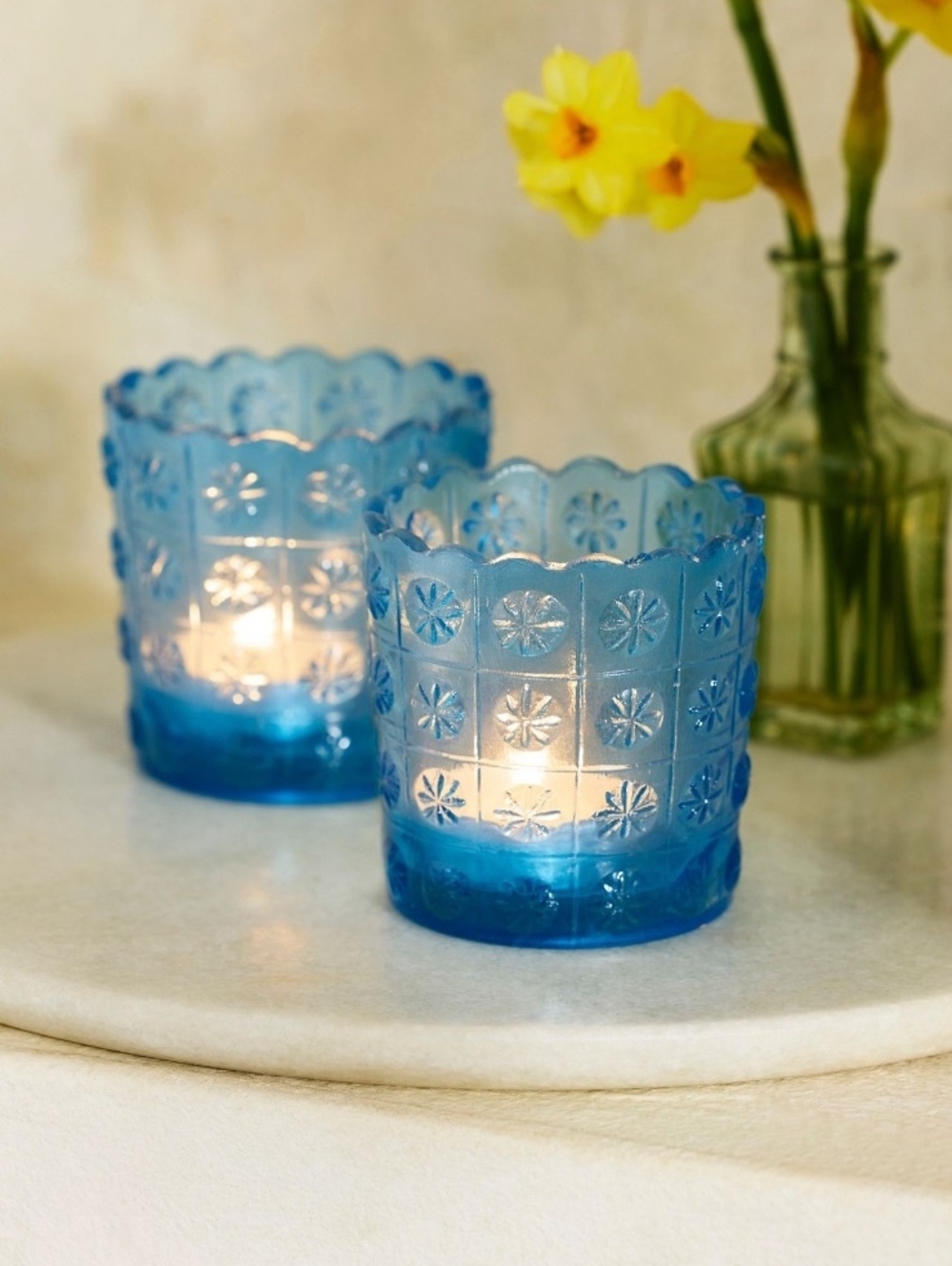 Anthro Terrain Etched Daisy Glass Votives -Set of 2